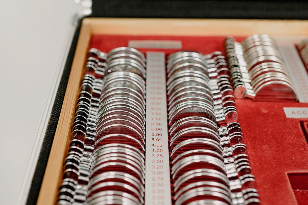 A trial lens set in its case, every lens labelled with its power